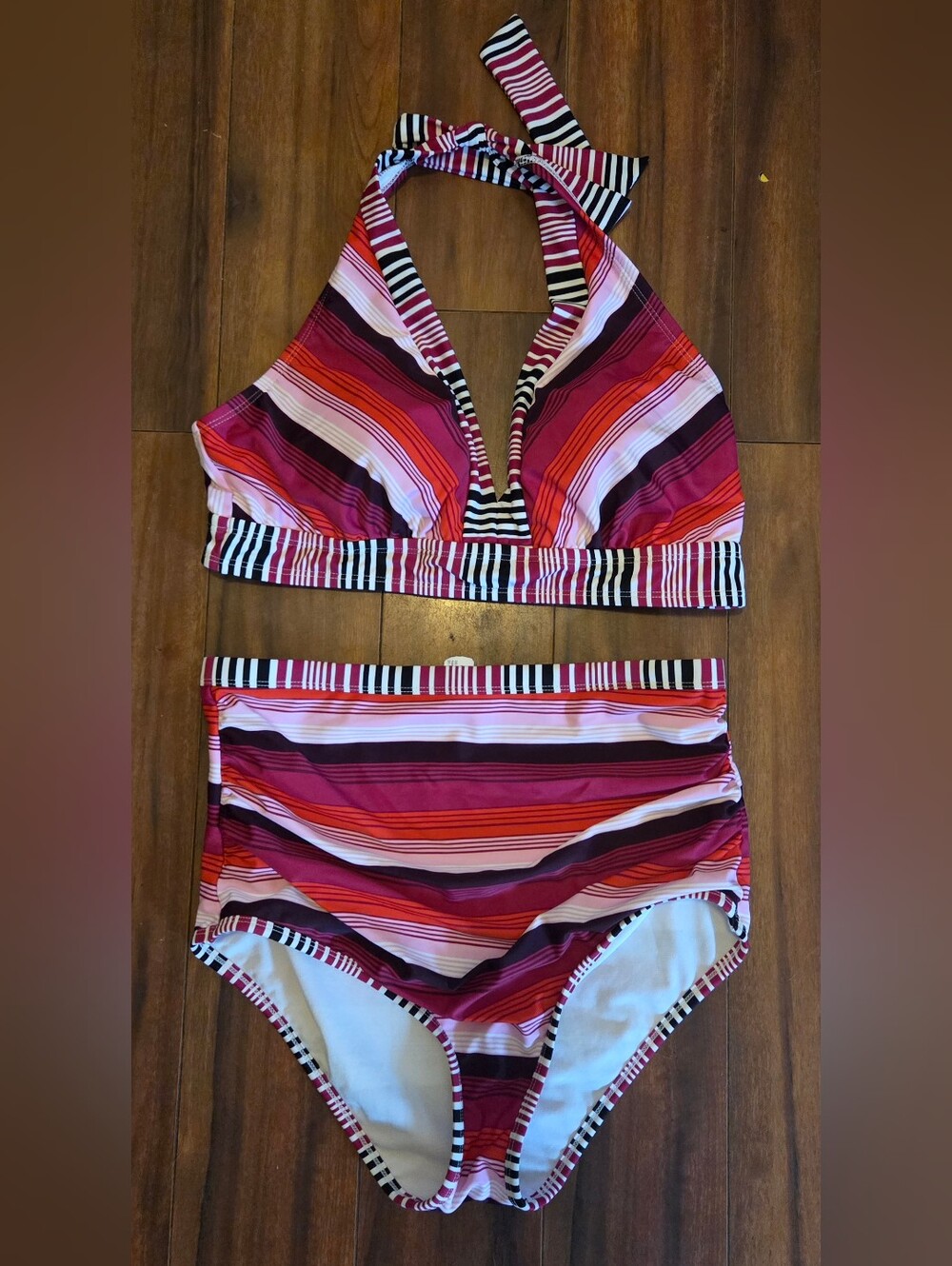 EUC Women's Striped Halter Two-Piece Swim Bikini in Pink, White & Red Size Large